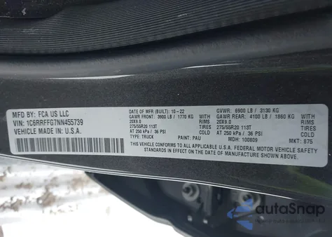 2022 Ram 1500 Big Horn 4X4 5'7 Box z USA, uszkodzony, nr VIN 1C6RRFFG7NN455739